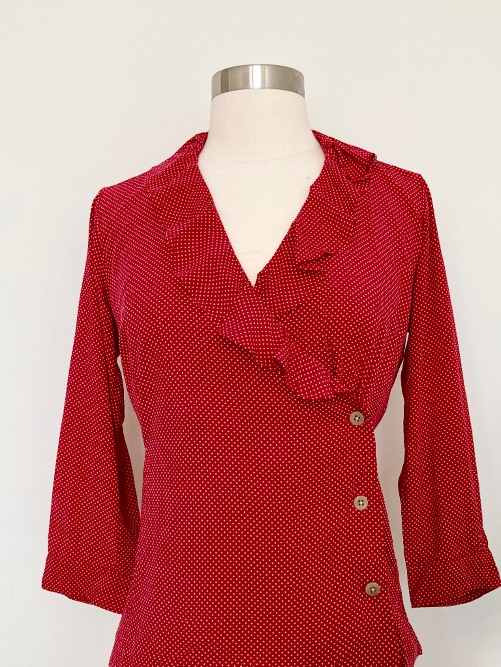 Ines de la Fressange x UNIQLO Red Polka Dot Ruffle Wrap Blouse Rayon XS